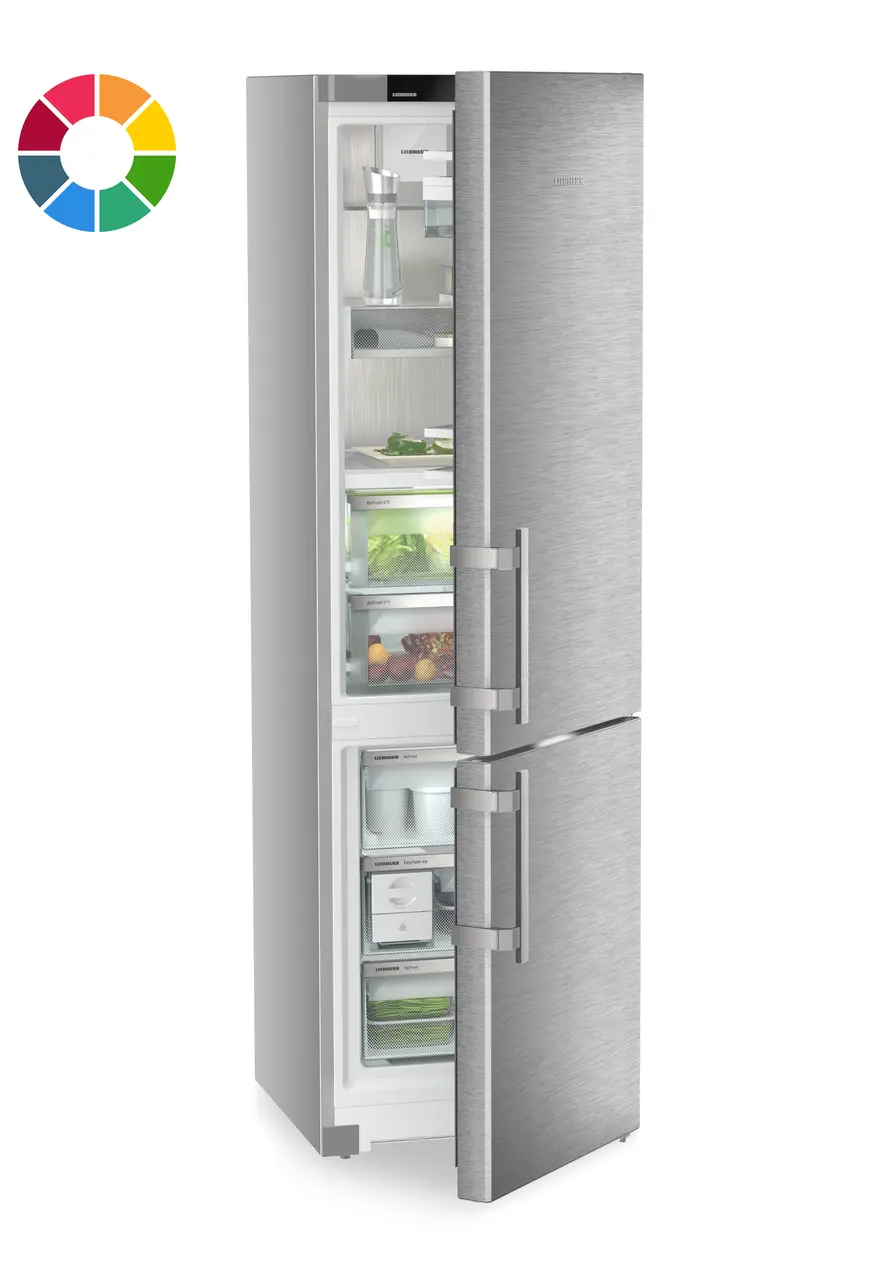 Produkt-Bild, Perspektive: schräg halb offen dekoriert, Kühl-Gefrierkombination mit BioFresh und NoFrost, Gehäusefarbe: individuell, Türfarbe: individuell