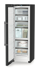 Produkt-Bild, Perspektive: schräg offen dekoriert, Standgefrierschrank mit NoFrost und IceTower, Gehäusefarbe: BlackSteel, Türfarbe: BlackSteel