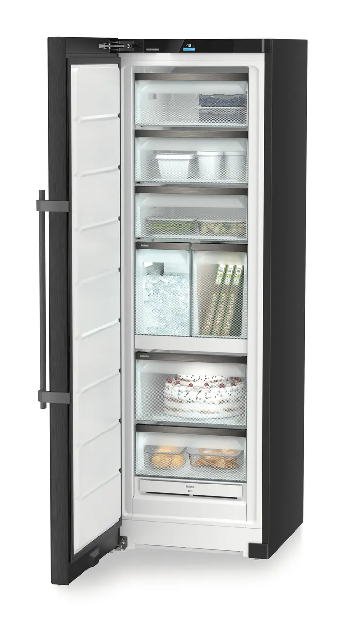 Produkt-Bild, Perspektive: schräg offen dekoriert, Standgefrierschrank mit NoFrost und IceTower, Gehäusefarbe: BlackSteel, Türfarbe: BlackSteel