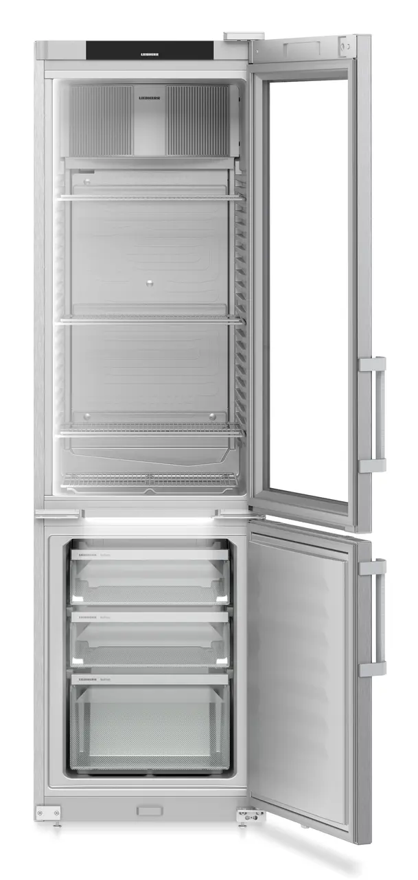 Product image, Perspective: straight open empty, Combined refrigerator-freezer, Casing colour: stainless steel, Door colour: stainless steel