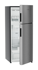 Product image, Perspective: oblique half-open empty, Fridge-freezer with NoFrost, Casing colour: grey, Door colour: Silver Steel
