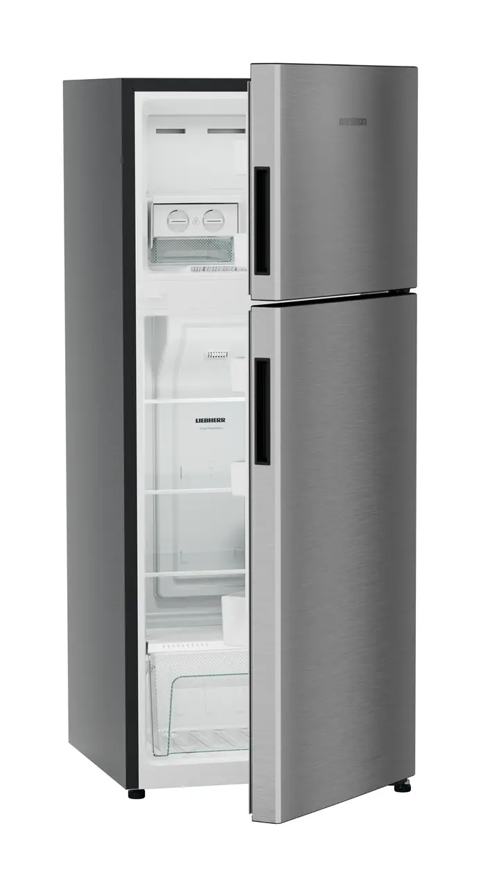 Product image, Perspective: oblique half-open empty, Fridge-freezer with NoFrost, Casing colour: grey, Door colour: Silver Steel