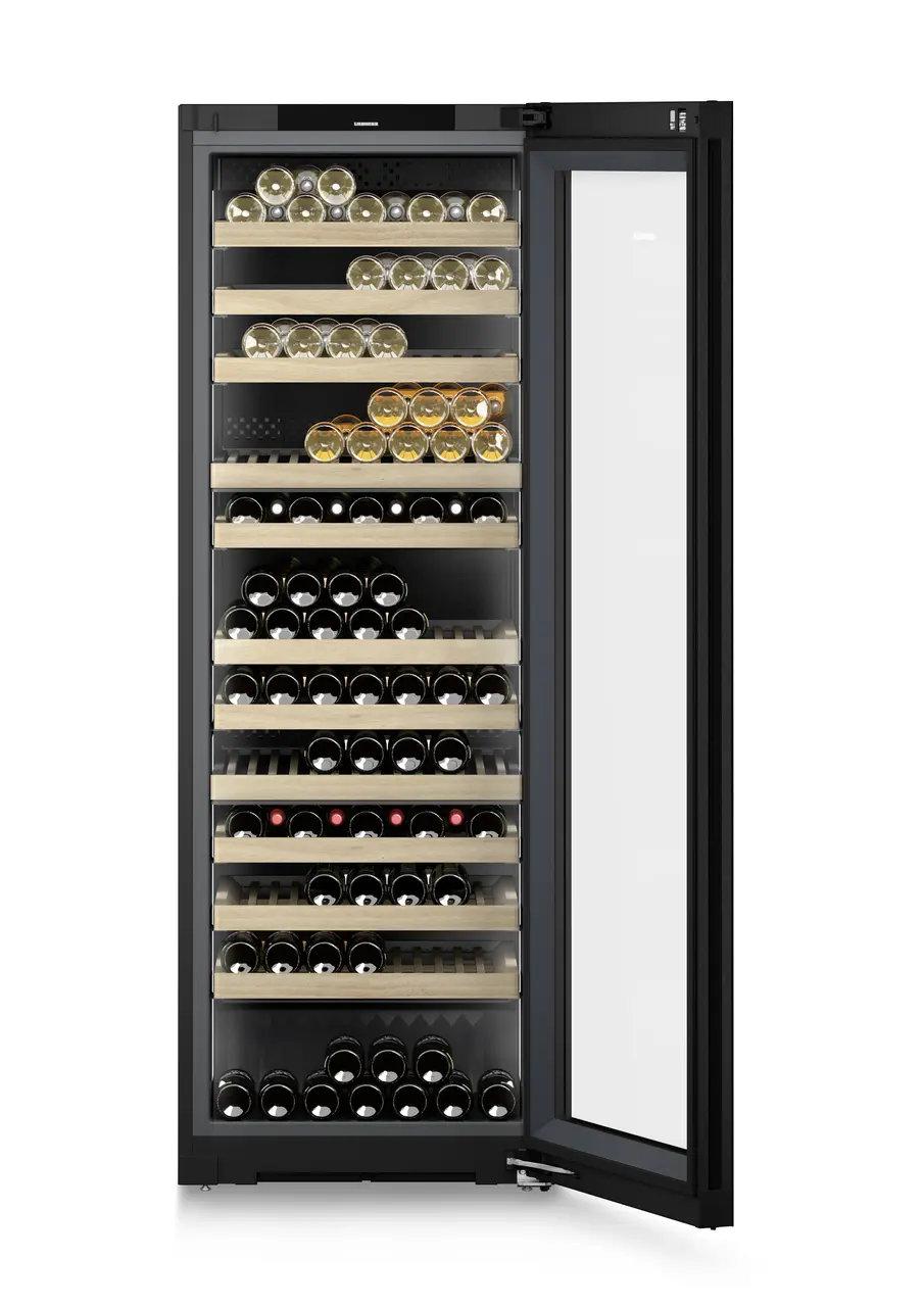 Product image, Perspective: straight open decorated, Multi-temperature wine cabinet, Casing colour: black, Door colour: GlassBlack