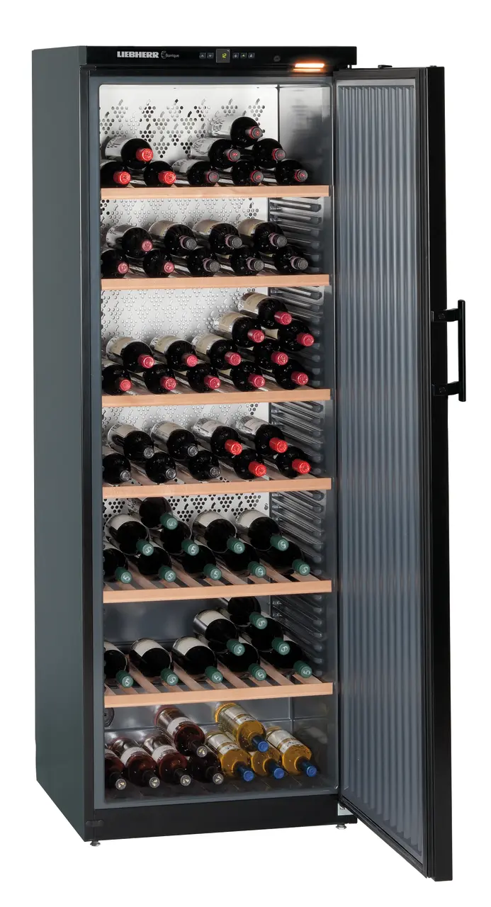 Product image, Perspective: oblique open decorated, Wine storage cabinet, Casing colour: black, Door colour: black