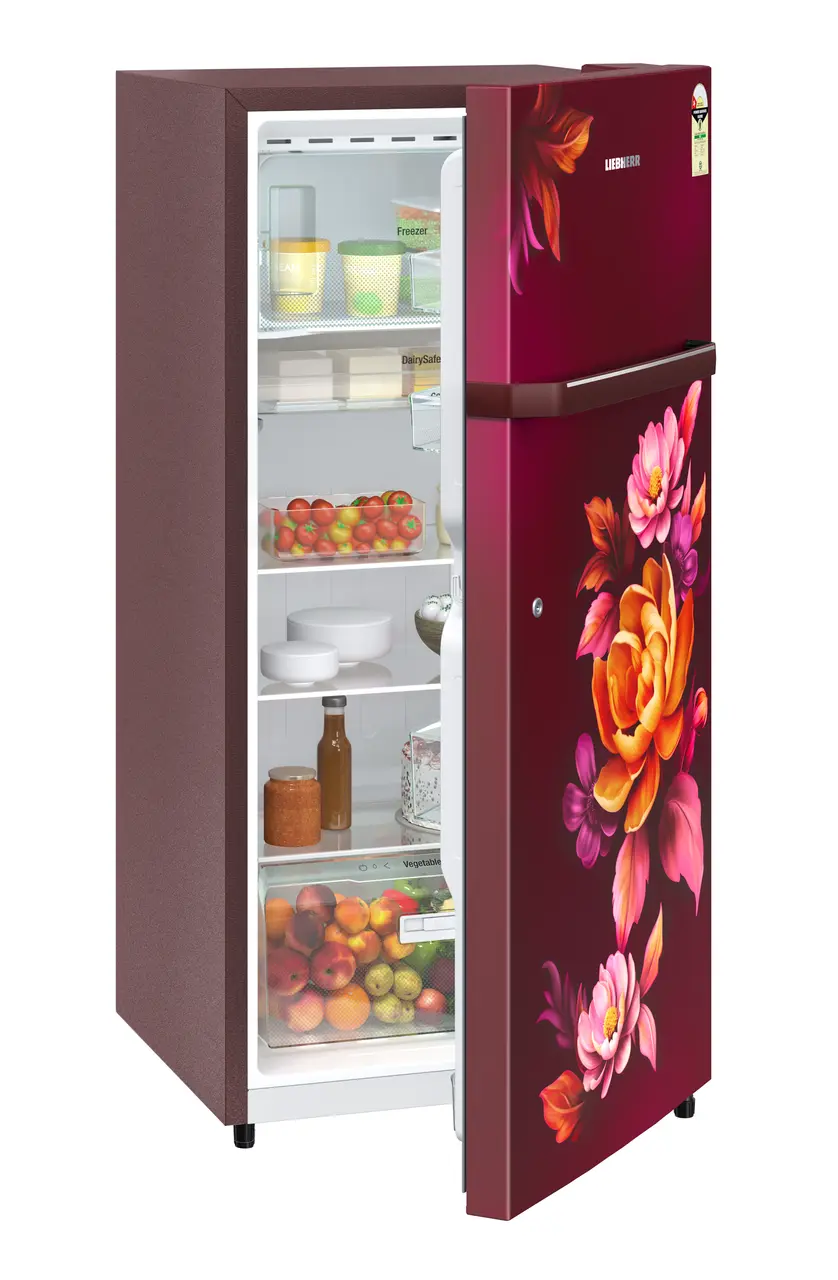 Product image, Perspective: oblique half-open decorated, Single-door fridge 191 l in 1 star with inverter compressor, Casing colour: red, Door colour: Red Wonder