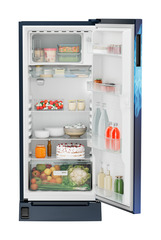 Product image, Perspective: straight open decorated, Single-door fridge 186 l in 3 star with foot pedal base drawer, Casing colour: blue, Door colour: Blue Mystiq