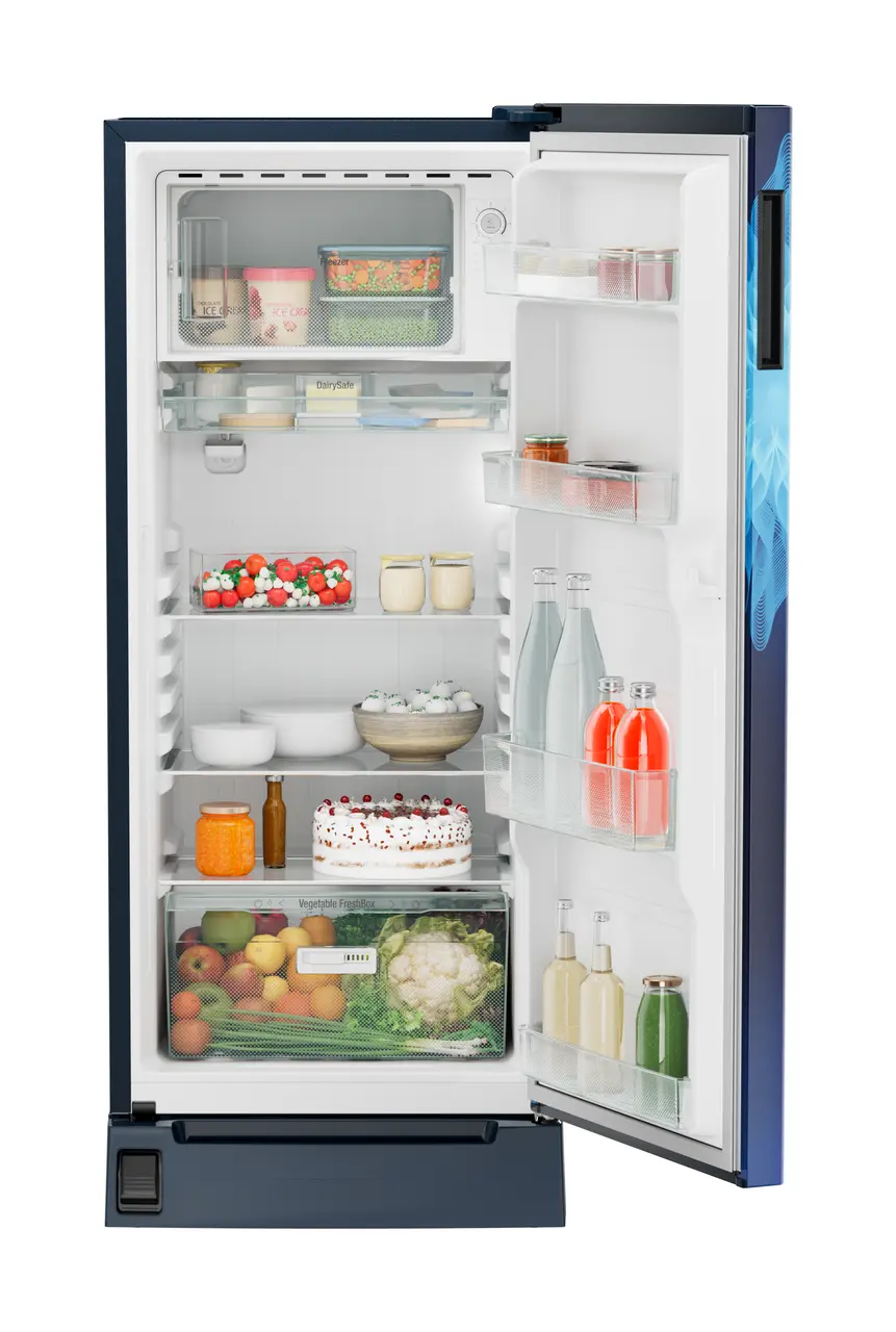 Product image, Perspective: straight open decorated, Single-door refrigerator 202 l in 5 star with inverter compressor, Casing colour: blue, Door colour: Blue Mystiq