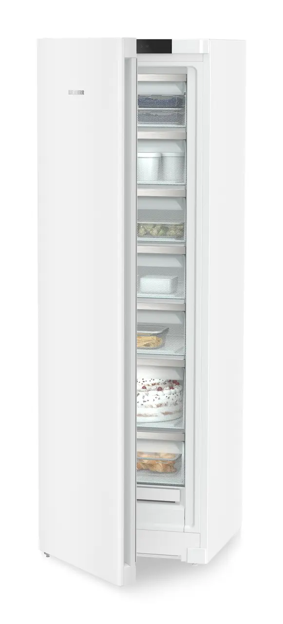 Изображение продукции, Перспектива: Под углом, с полуоткрытой дверцей, с продуктами, Морозильная камера с системой NoFrost, Цвет корпуса: белый, Цвет дверцы: белый