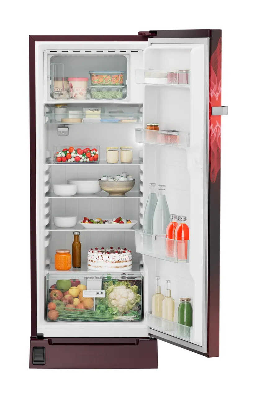 Product image, Perspective: straight open decorated, Single-door refrigerator 222 l with foot pedal base drawer and iCoolTouch UI, Casing colour: red, Door colour: Red Mystiq