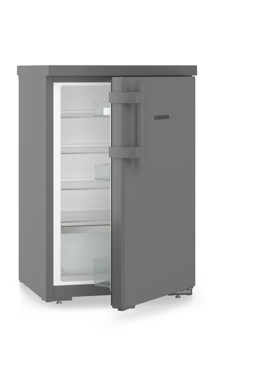 Product image, Perspective: oblique half-open empty, Table top refrigerator, Casing colour: DarkGrey, Door colour: DarkGrey