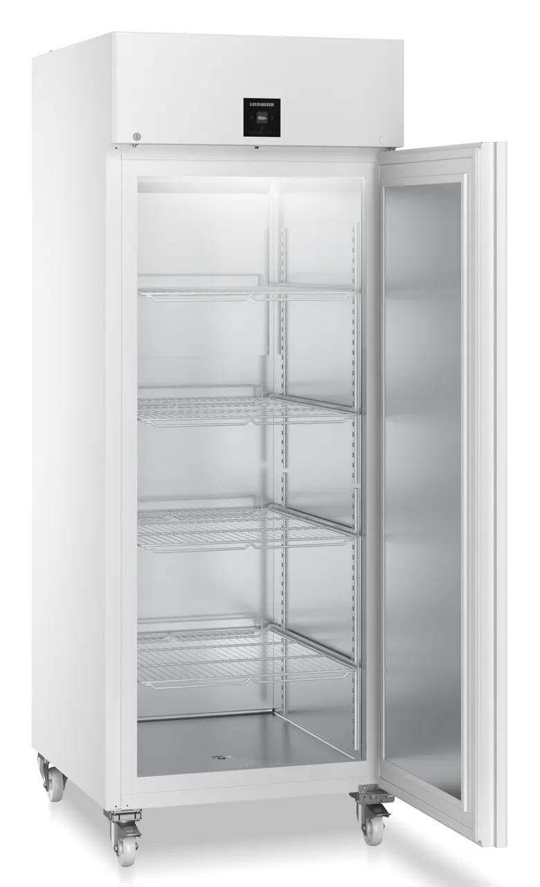 Produkt-Bild, Perspektive: schräg offen leer, Laborgefriergerät mit Umluftkühlung, Gehäusefarbe: Weiß, Türfarbe: Weiß