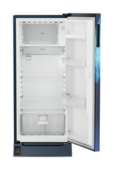 Product image, Perspective: straight open empty, Single-door fridge 186 l with foot pedal base drawer and iCoolTouch UI, Casing colour: blue, Door colour: Blue Mystiq