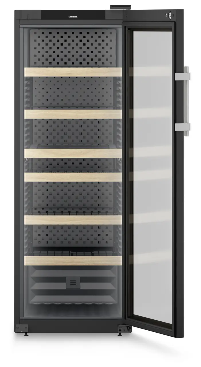 Produkt-Bild, Perspektive: gerade offen leer, Weinschrank Professional, Gehäusefarbe: Schwarz, Türfarbe: Schwarz