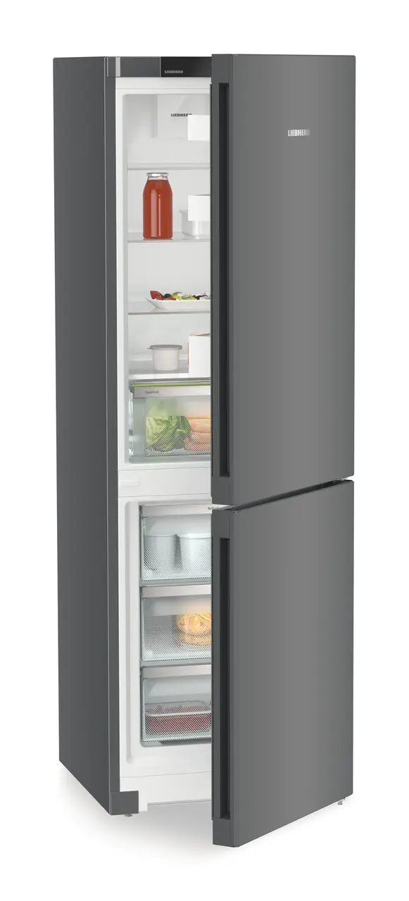 Product image, Perspective: oblique half-open decorated, Combined fridge-freezers with EasyFresh and NoFrost, Casing colour: DarkGrey, Door colour: DarkGrey