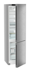 Product image, Perspective: oblique half-open empty, Combined fridge-freezers with EasyFresh and NoFrost, Casing colour: silver, Door colour: stainless steel