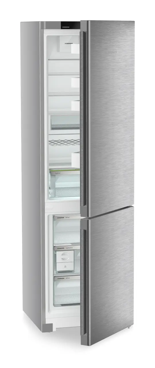 Product image, Perspective: oblique half-open empty, Combined fridge-freezers with EasyFresh and NoFrost, Casing colour: silver, Door colour: stainless steel