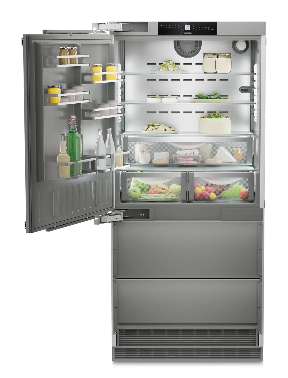 Product image, Perspective: straight open decorated, Combined refrigerator-freezer with NoFrost for integrated use, Casing colour: Anthracite