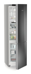 Product image, Perspective: oblique half-open decorated, Combined fridge-freezers with EasyFresh and NoFrost, Casing colour: silver, Door colour: GlassBlack