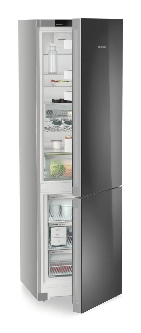 Product image, Perspective: oblique half-open decorated, Combined fridge-freezers with EasyFresh and NoFrost, Casing colour: silver, Door colour: GlassBlack