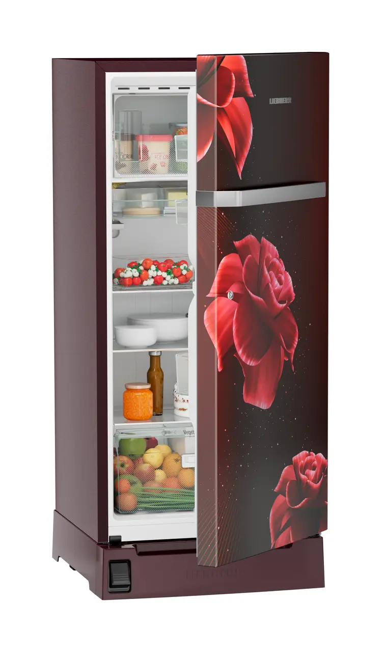 Product image, Perspective: oblique half-open decorated, Single-door refrigerator 191 l in 5 star with inverter compressor, Casing colour: red, Door colour: Red Divine
