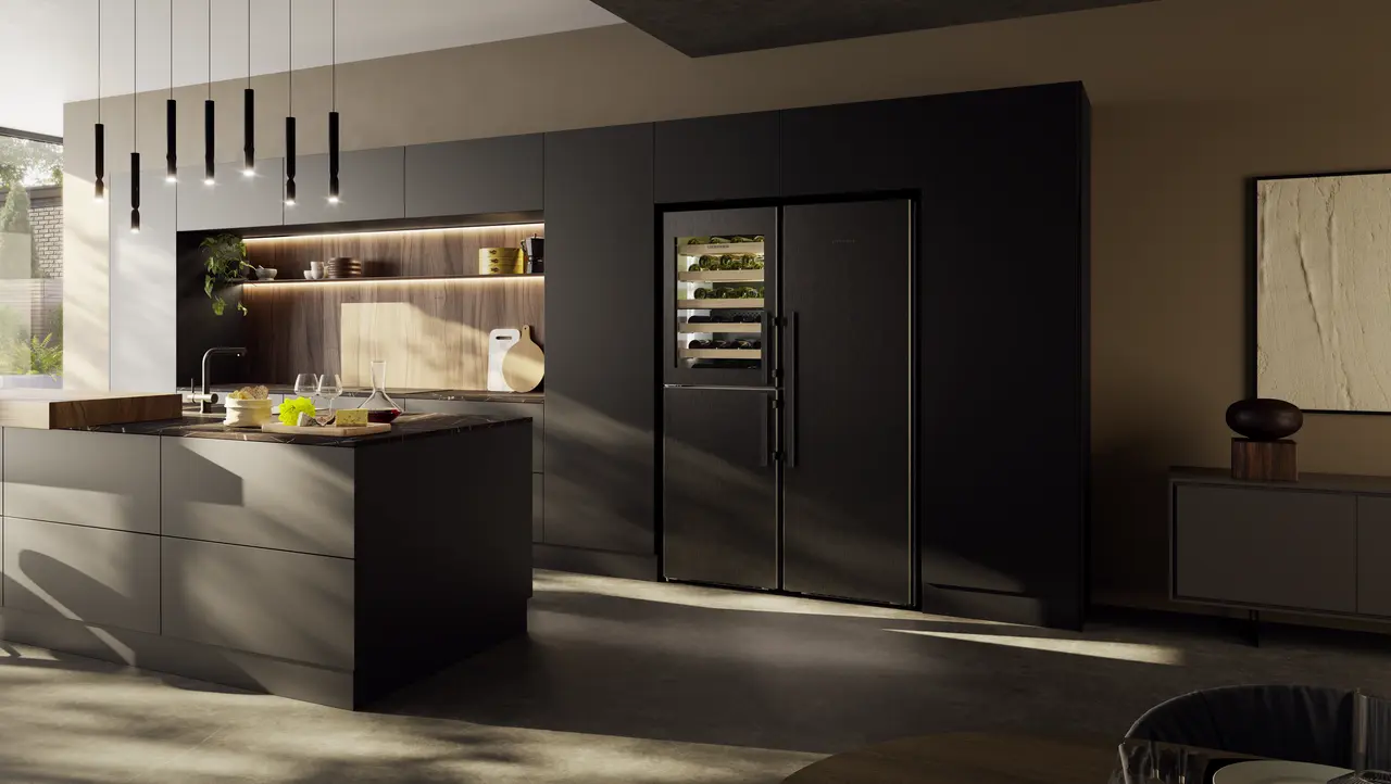 Produkt-Bild, Perspektive: Milieu, Side-by-Side-Kombination mit Weintemperierteil, Gehäusefarbe: BlackSteel, Türfarbe: BlackSteel