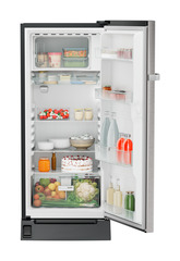 Product image, Perspective: straight open decorated, Single-door refrigerator 202 l with foot pedal base drawer and iCoolTouch UI, Casing colour: grey, Door colour: Stainless Steel