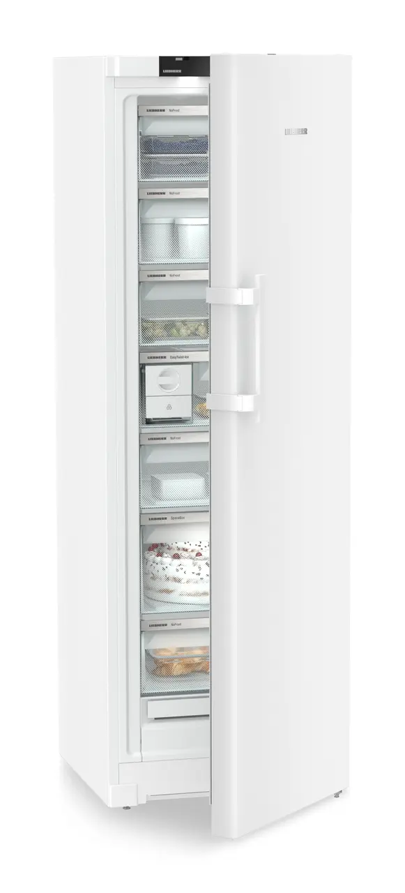 Obrázok produktu, Perspektíva: Šikmo, spotrebič polootvorený, dekorovaný, Voľne stojaca mraznička s NoFrost a EasyTwist-Ice, Farba steny: Biely, Farba dverí: Biely