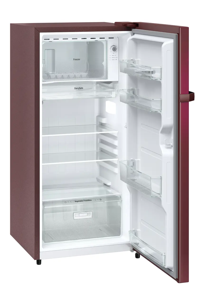 Product image, Perspective: oblique open empty, Single-door fridge 191 l in 1 star with inverter compressor, Casing colour: red, Door colour: Red Wonder