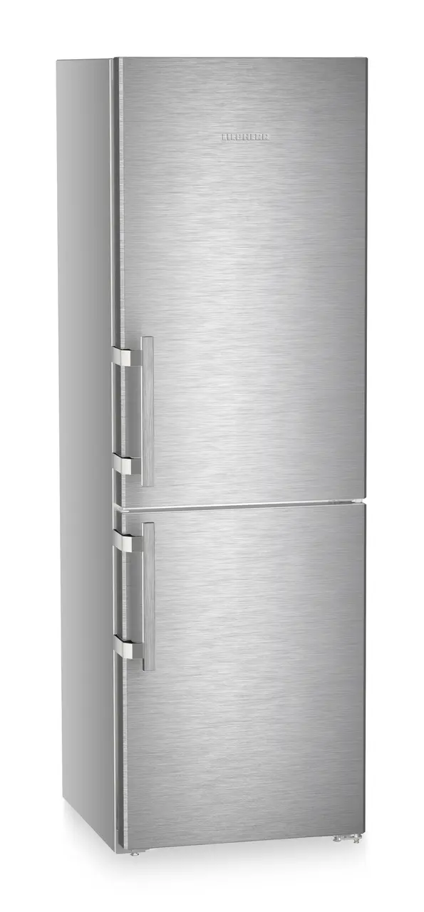 Product image, Perspective: oblique closed, Combined fridge-freezers with EasyFresh and NoFrost, Casing colour: silver, Door colour: stainless steel