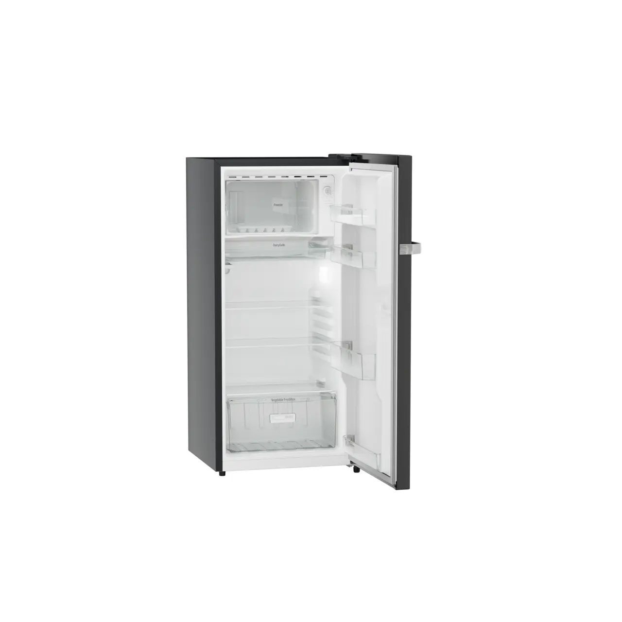 Product image, Perspective: oblique open empty, Single-door refrigerator 191 l in 5 star with inverter compressor, Casing colour: grey, Door colour: Black Gloss