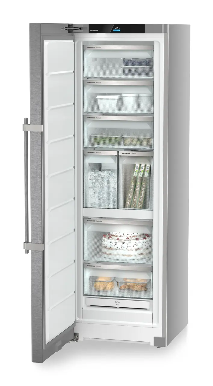 Product image, Perspective: oblique open decorated, Freestanding freezer with NoFrost and IceTower, Casing colour: silver, Door colour: stainless steel