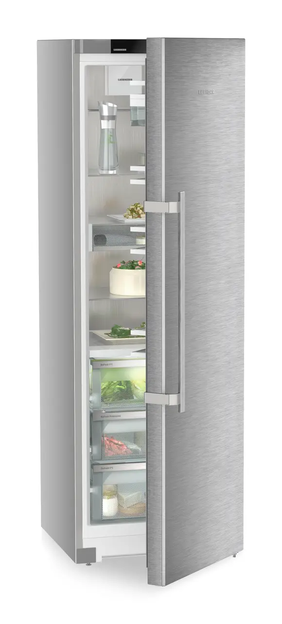 Product image, Perspective: oblique half-open decorated, Freestanding refrigerator with BioFresh Professional, Casing colour: silver, Door colour: stainless steel