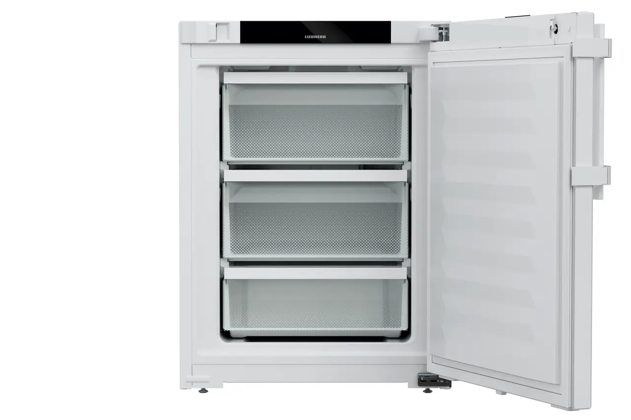 Produkt-Bild, Perspektive: gerade offen leer, Laborgefriergerät mit zündquellenfreiem Innenraum, Gehäusefarbe: Weiß, Türfarbe: Weiß