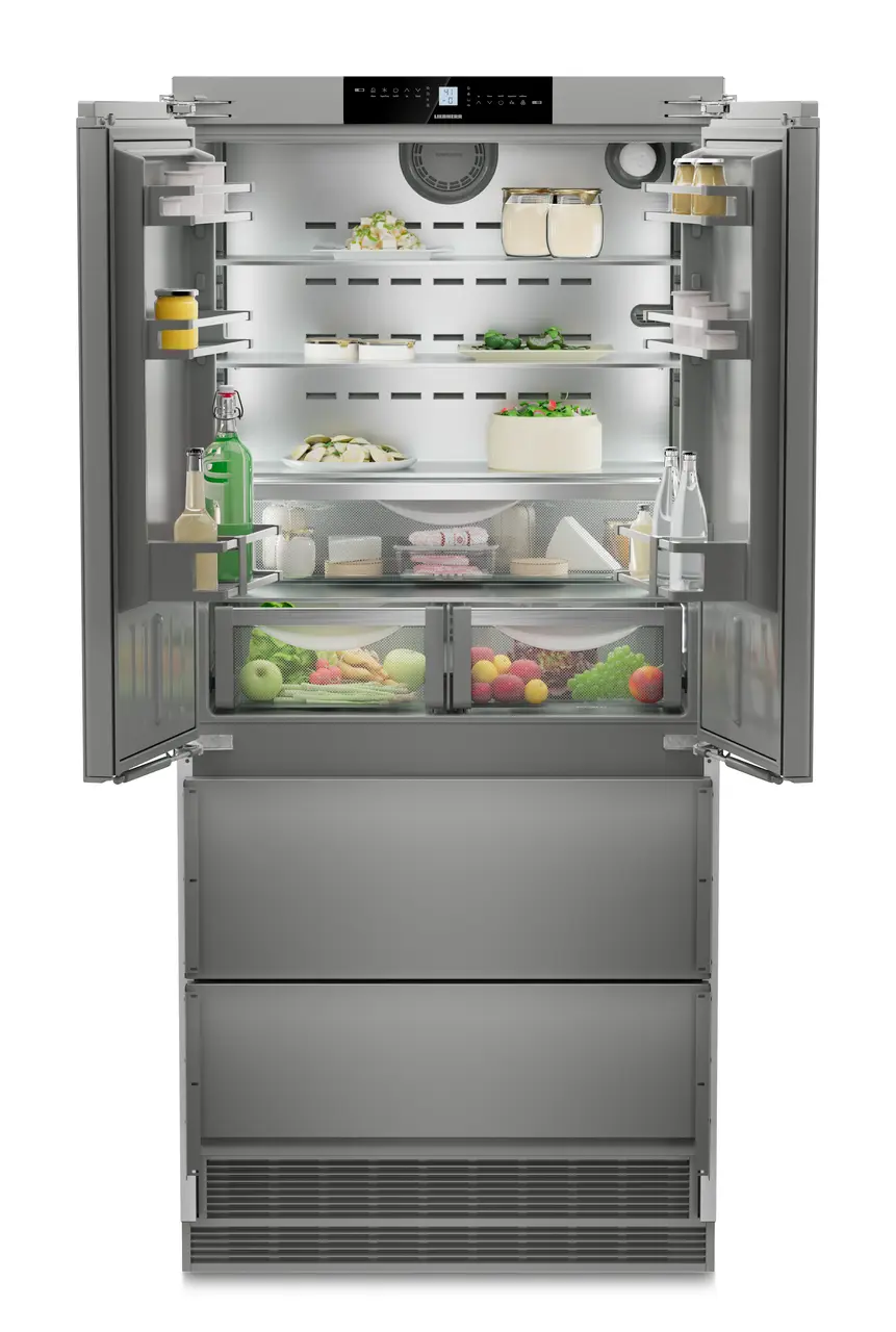 Product image, Perspective: straight open decorated, Combined refrigerator-freezer with BioFresh and NoFrost for integrated use, Casing colour: Anthracite