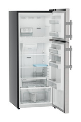 Product image, Perspective: oblique open empty, Fridge-freezer with NoFrost, Casing colour: grey, Door colour: Stainless Steel