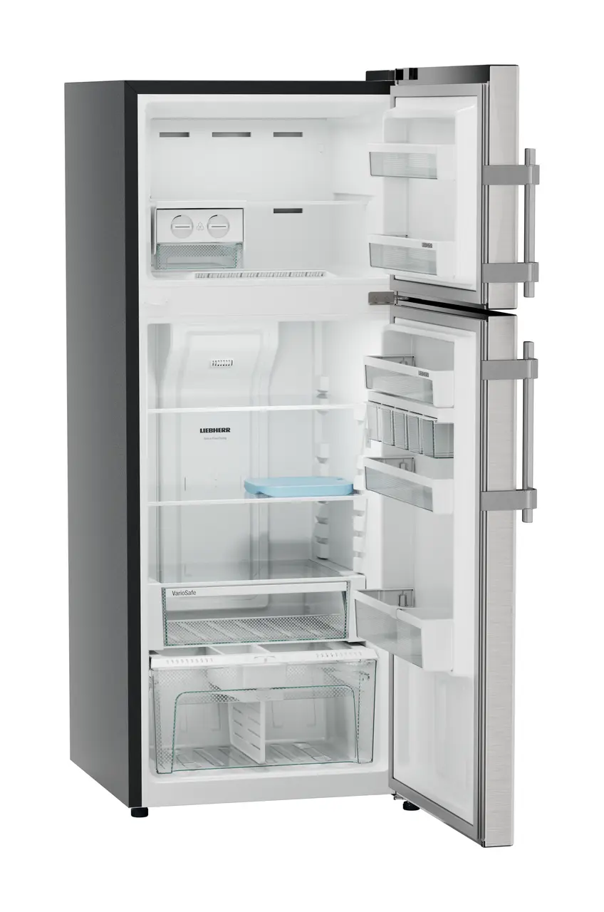 Product image, Perspective: oblique open empty, Fridge-freezer with NoFrost, Casing colour: grey, Door colour: Stainless Steel