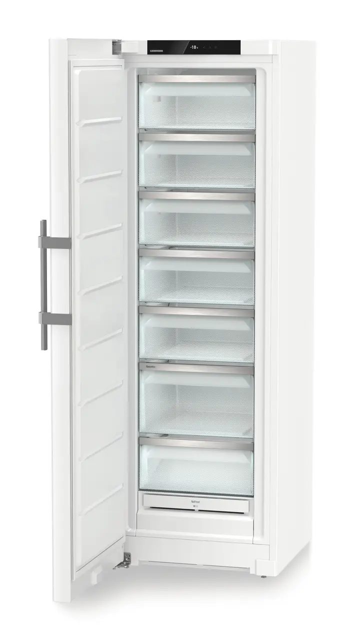 Изображение продукции, Перспектива: Под углом, с открытой дверцей, без продуктов, Морозильная камера с системой NoFrost, Цвет корпуса: белый, Цвет дверцы: белый
