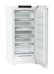 Produkt-Bild, Perspektive: schräg offen leer, Standgefrierschrank mit NoFrost, Gehäusefarbe: Weiß, Türfarbe: Weiß
