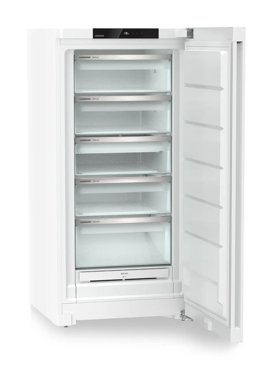 Produkt-Bild, Perspektive: schräg offen leer, Standgefrierschrank mit NoFrost, Gehäusefarbe: Weiß, Türfarbe: Weiß