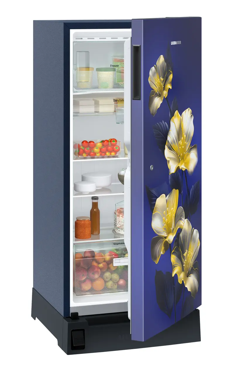 Product image, Perspective: oblique half-open decorated, Single-door refrigerator 191 l in 3 star with foot pedal base drawer, Casing colour: blue, Door colour: Blue Hibiskus