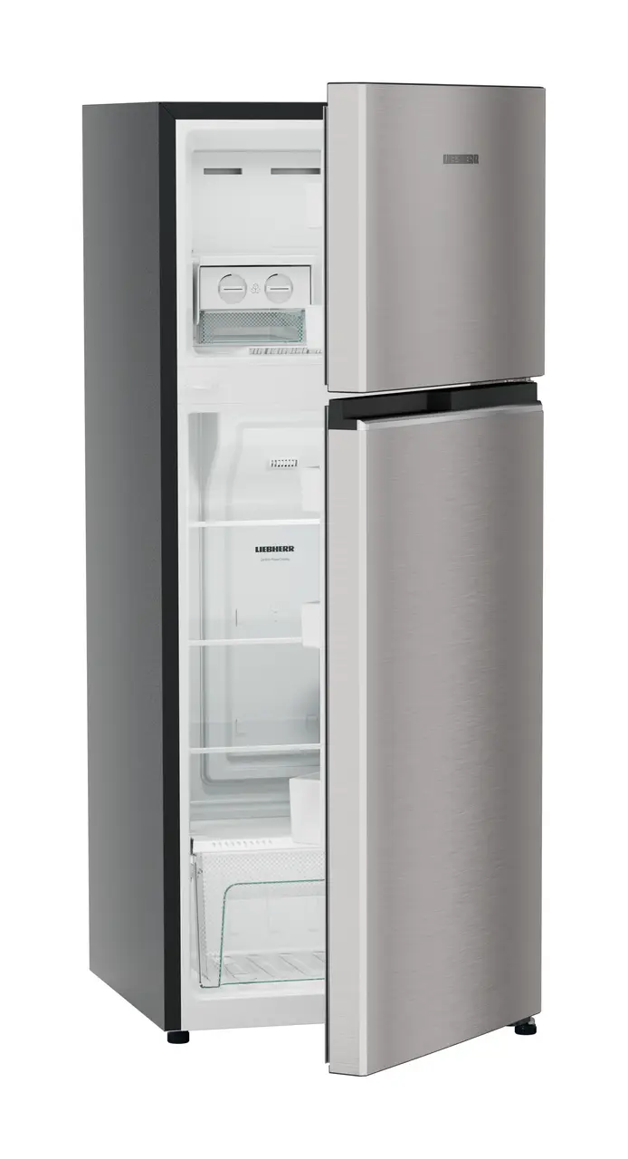 Product image, Perspective: oblique half-open empty, Fridge-freezer with NoFrost, Casing colour: grey, Door colour: Stainless Steel