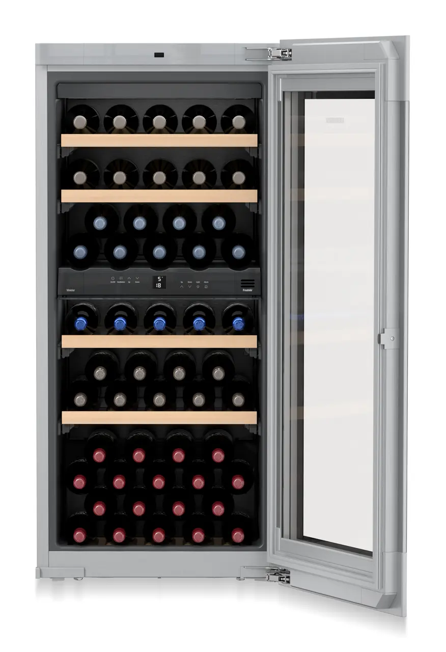 Product image, Perspective: straight open decorated, Built-in multi-temperature wine cabinet, Casing colour: silver, Door colour: GlassBlack