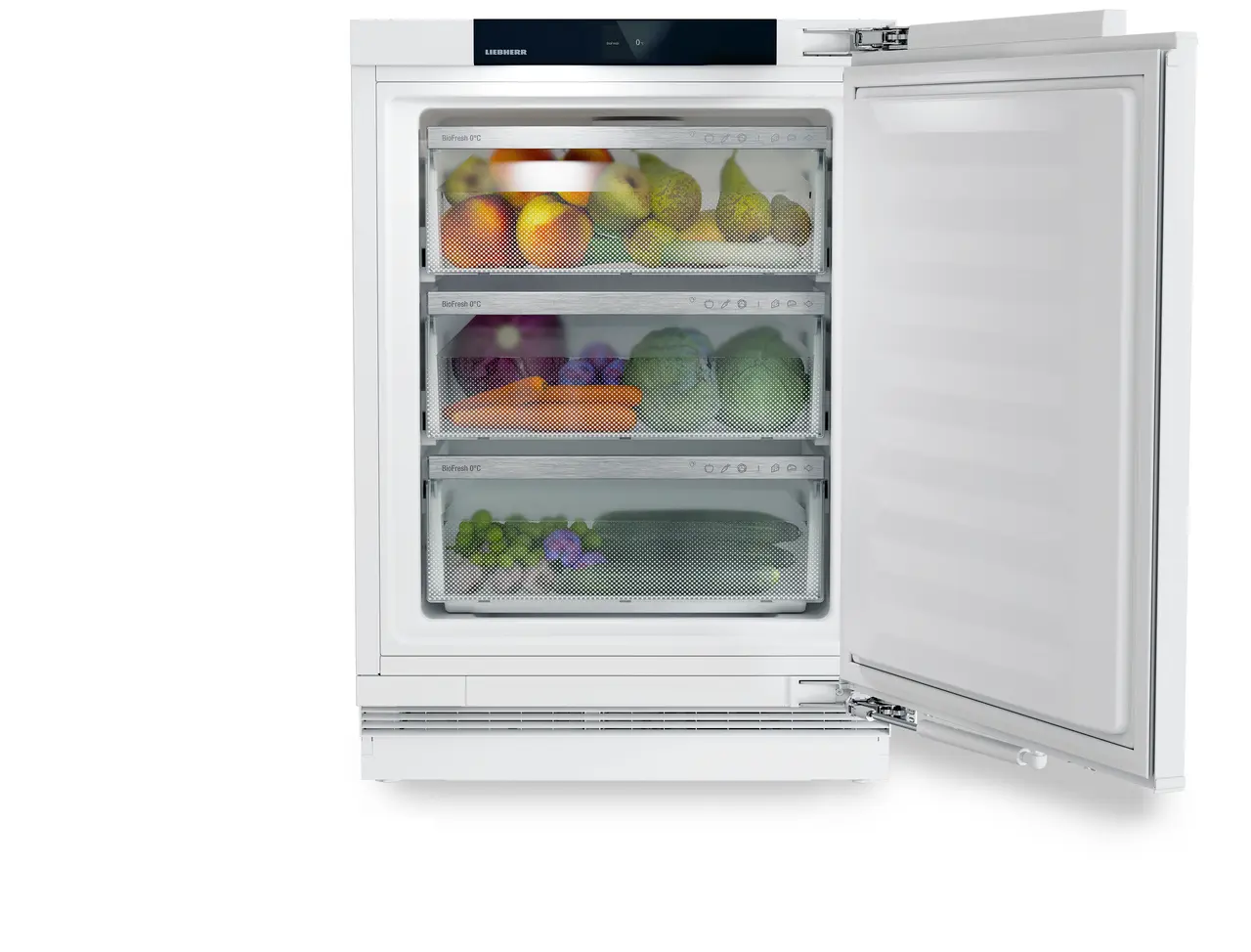 Изображение продукции, Перспектива: Прямо, с открытой дверцей, с продуктами, Полноразмерный холодильник BioFresh, подходящий для установки под прилавком.