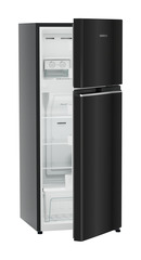 Product image, Perspective: oblique half-open empty, Fridge-freezer with NoFrost, Casing colour: grey, Door colour: Black Gloss