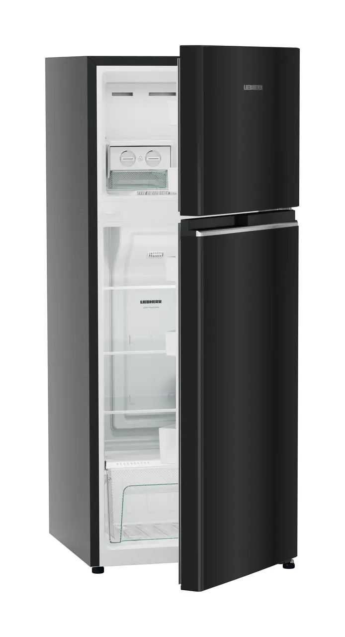 Product image, Perspective: oblique half-open empty, Fridge-freezer with NoFrost, Casing colour: grey, Door colour: Black Gloss