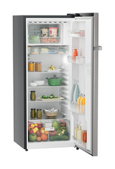 Product image, Perspective: oblique open decorated, Single-door refrigerator 222 l in 4 star with iCoolTouch UI, Casing colour: grey, Door colour: Stainless Steel