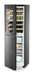 Product image, Perspective: oblique half-open decorated, Combination with NoFrost freezer compartment and wine tempering compartment, Casing colour: BlackSteel, Door colour: BlackSteel