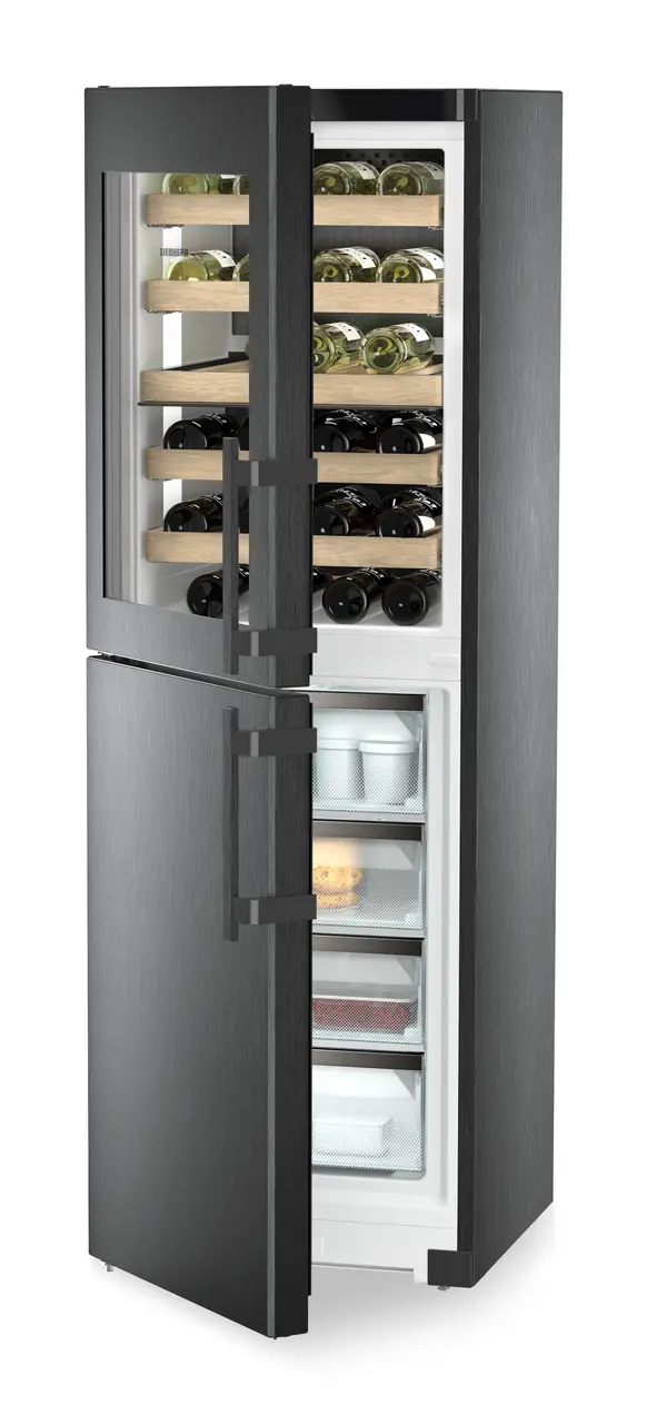 Product image, Perspective: oblique half-open decorated, Combination with NoFrost freezer compartment and wine tempering compartment, Casing colour: BlackSteel, Door colour: BlackSteel