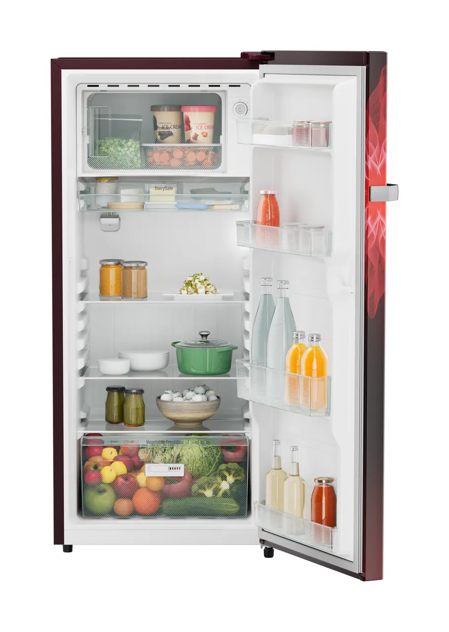 Product image, Perspective: straight open decorated, Single-door refrigerator 202 l in 5 star with inverter compressor, Casing colour: red, Door colour: Red Mystiq