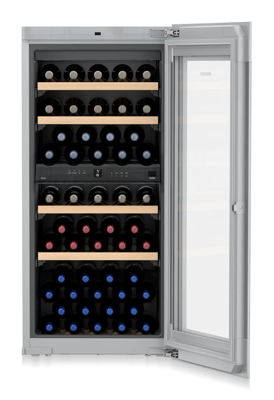 Product image, Perspective: straight open decorated, Built-in multi-temperature wine cabinet, Casing colour: silver, Door colour: white